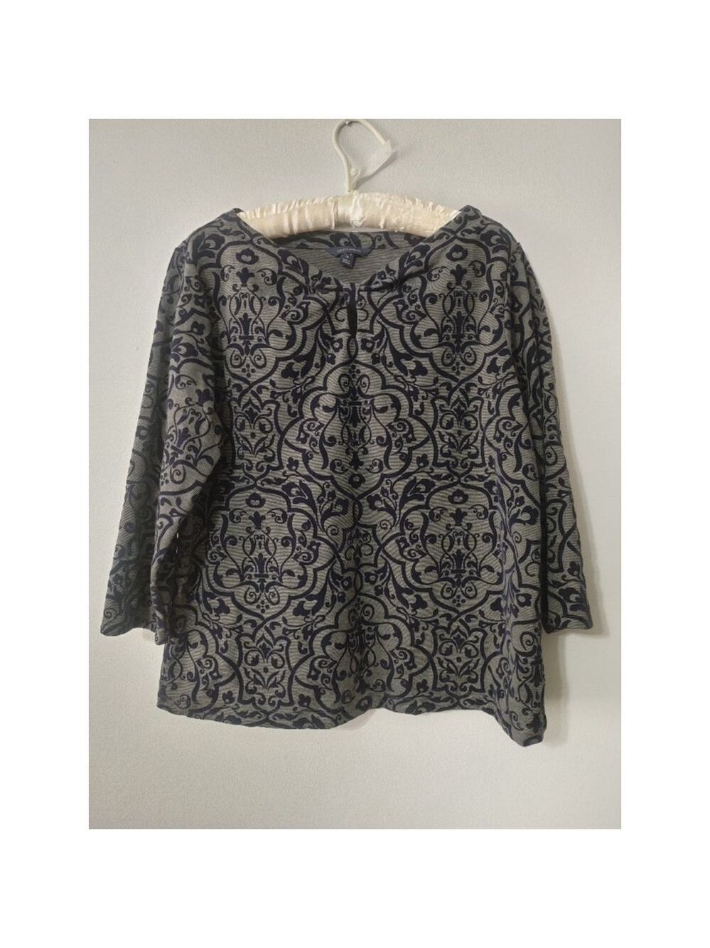 Women's Lands' End Gray Navy Flocked Velvet Damask Tunic Keyhole Neck Top XLP